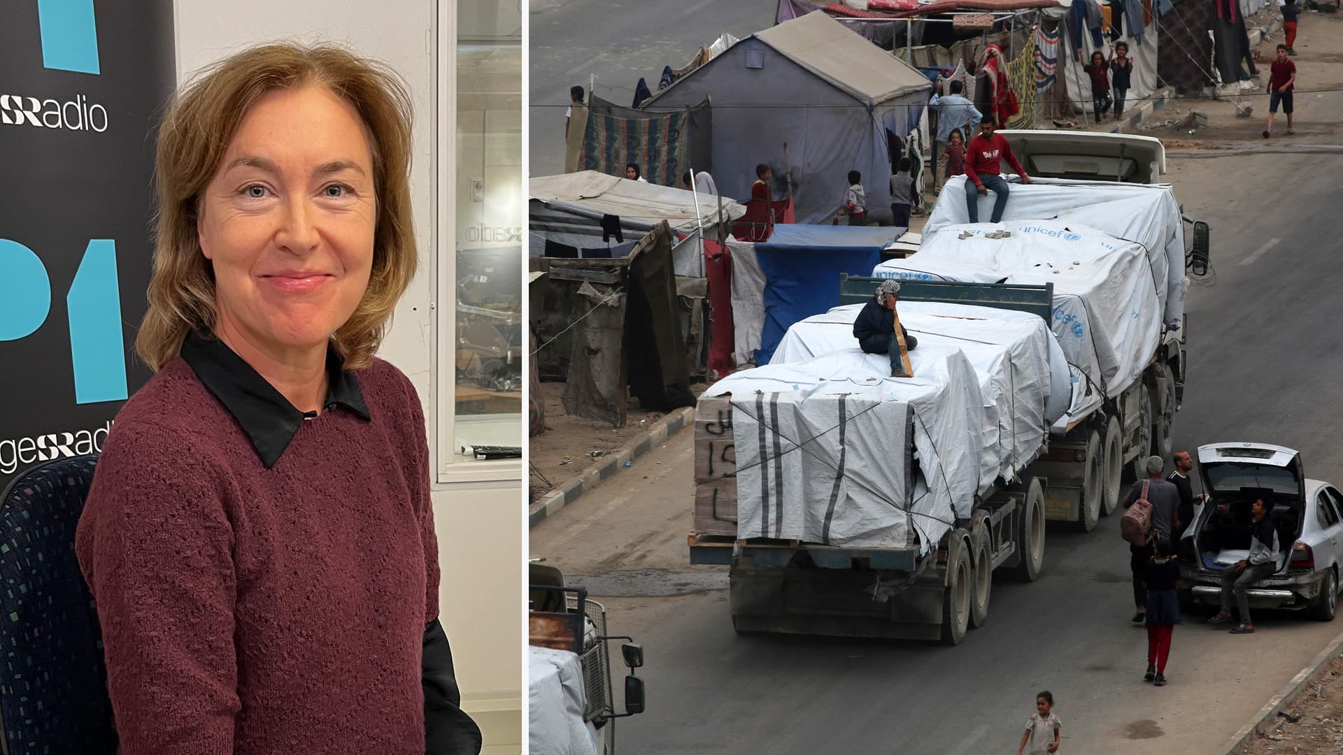 Till vänster: Pernilla Baralt. Till höger: Lastbilar med nödhjälp.