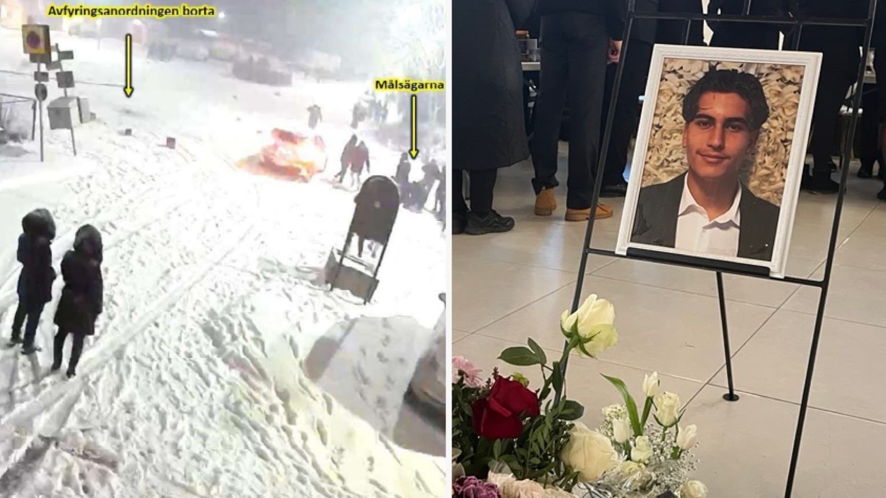 Montage med två bilder: till vänster en snötäckt gata med personer som går nära en olycksplats, till höger en minnesplats med blommor och ett porträtt av en avliden person.