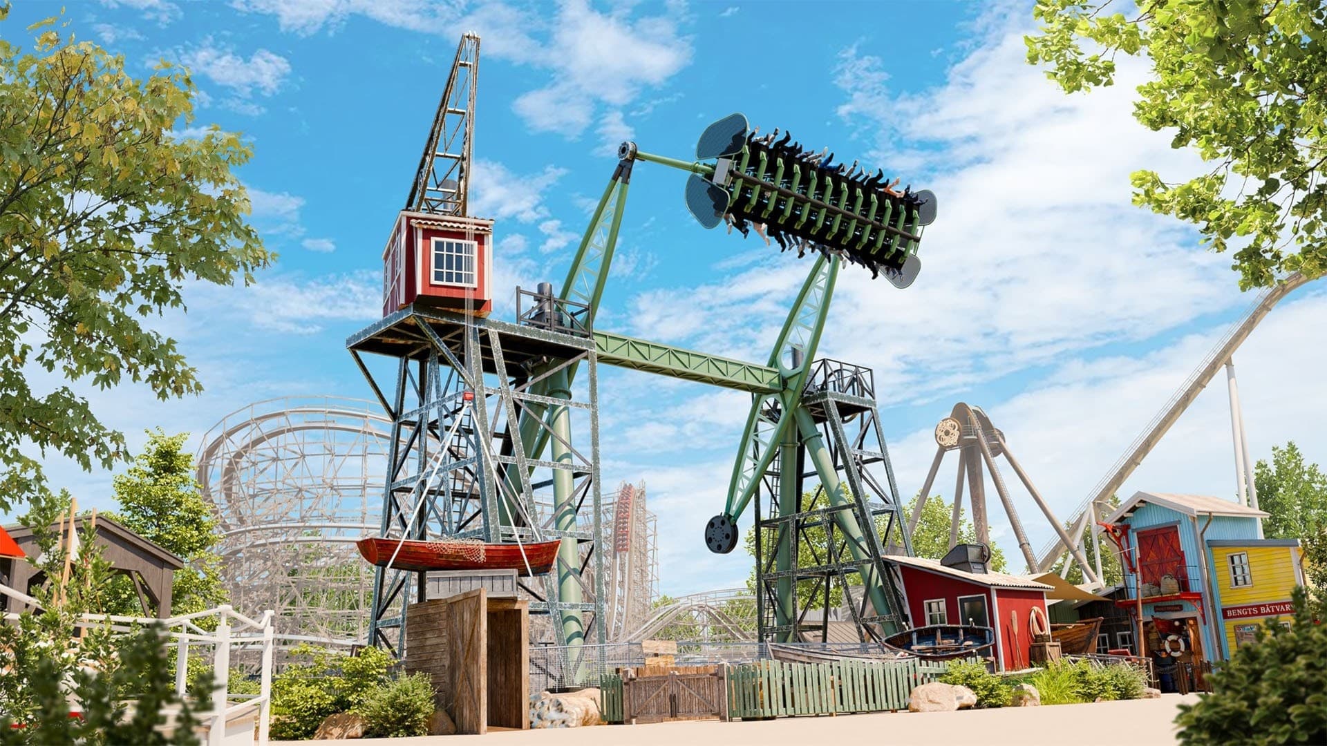 Attraktionen Stormvåg på Liseberg, en stor gungande åkattraktion med en snurrande passagerarsektion, omgiven av gröna träd och andra delar av nöjesparken i bakgrunden.