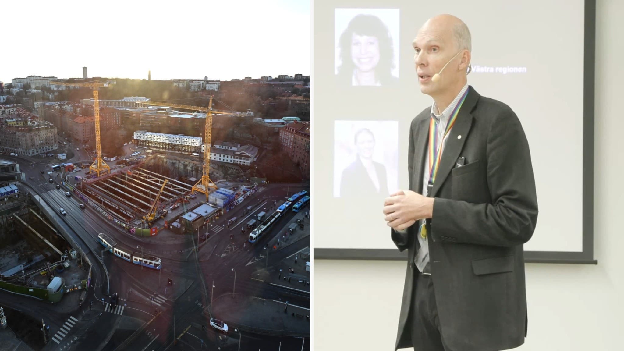 En bild uppdelad i två delar: till vänster syns ett stadslandskap med två upplysta höga torn, troligtvis en känd byggnad, och till höger en man i kostym som talar vid en presentation.