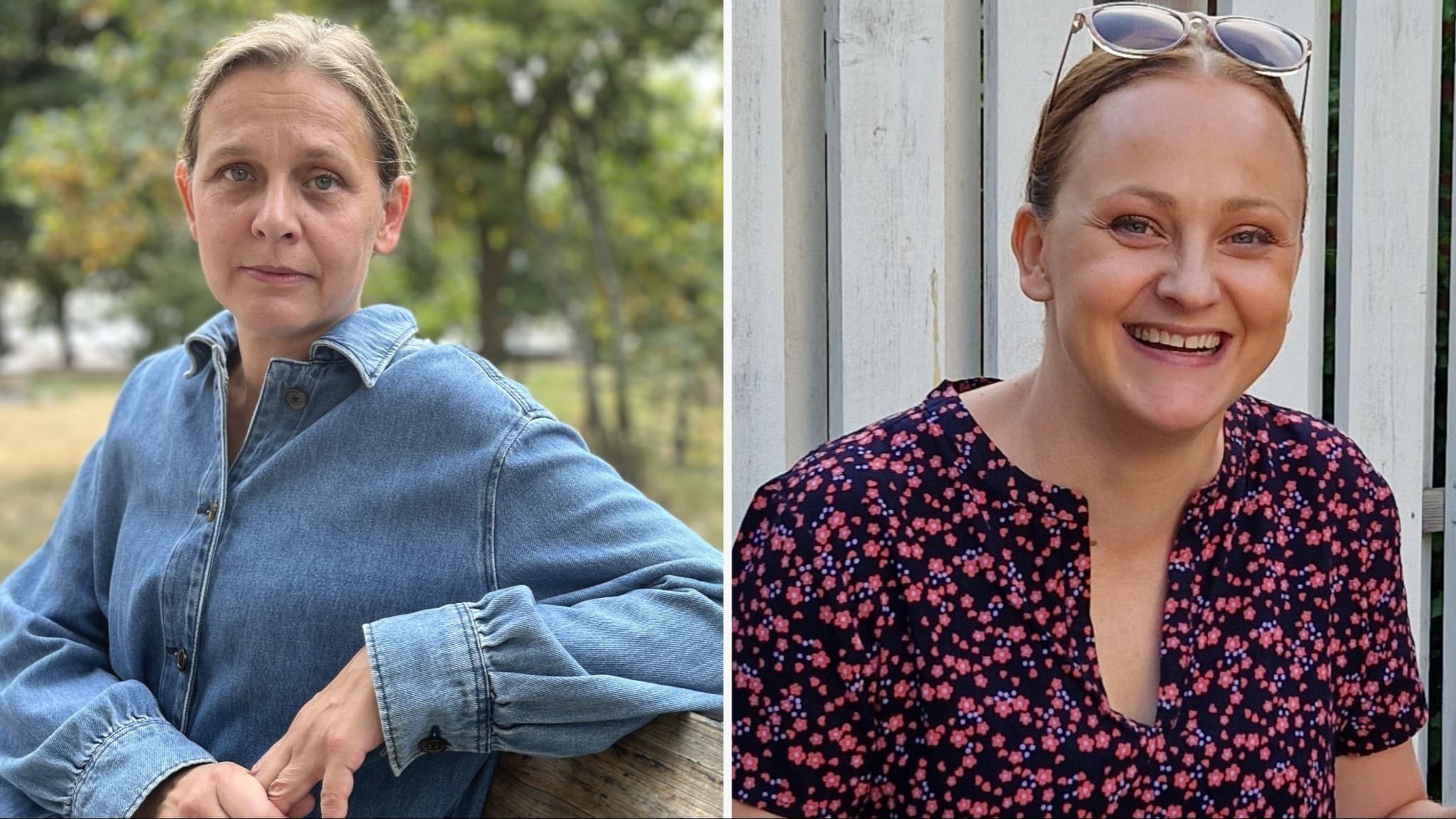 Två kvinnor visas, den ena i jeansskjorta vid en parkbänk och den andra i blommig klänning vid en trävägg. Johanna är i bilden till vänster, och bilden till höger visar hennes syster Ida, som gick bort bara 43 år gammal.
