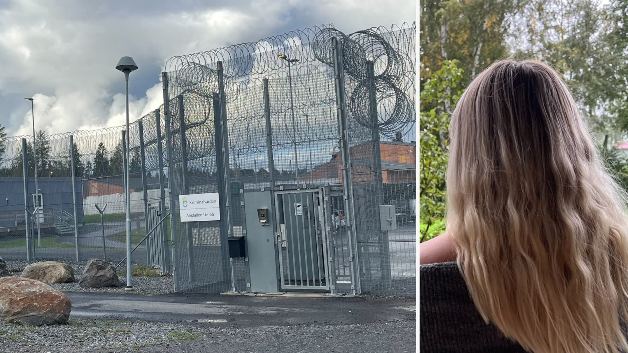 Bildmontage med en hög säkerhetsanläggning inhägnad av taggtråd till vänster och en kvinna med långt blont hår som syns bakifrån till höger, symboliserar kriminalvård och individens perspektiv.