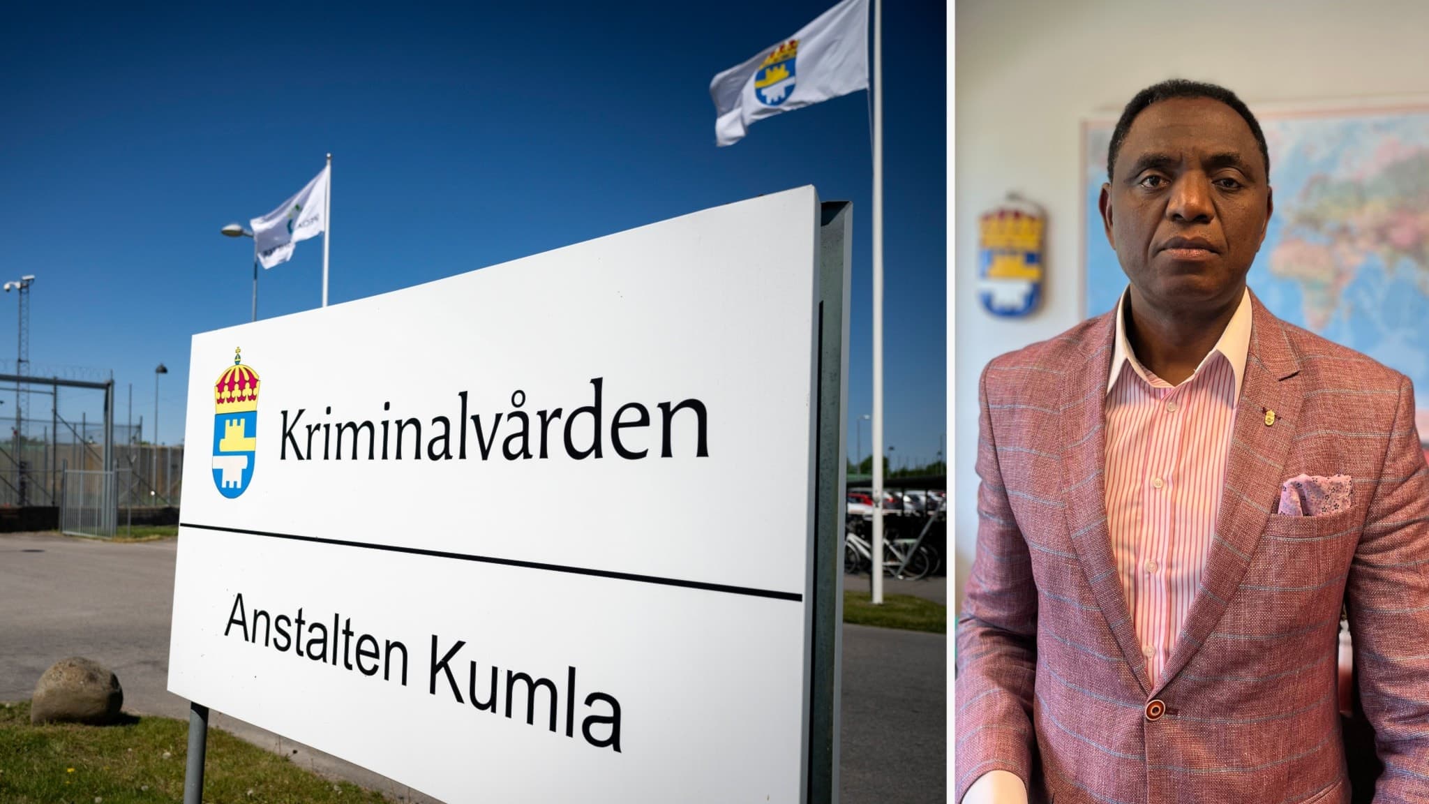 Skylt vid Anstalten Kumla med Kriminalvårdens logotyp till vänster. Till höger står Jacques Mwepu iklädd rosa kavaj, inomhus med en karta synlig i bakgrunden.