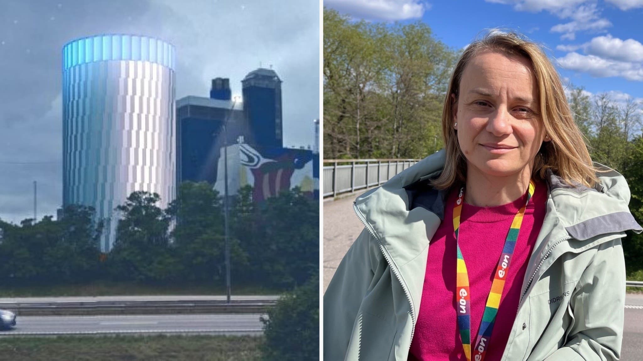 Azra Sapcanin, platschef för EON i Örebro, står utomhus vid en väg med grönska och industribyggnader i bakgrunden under en solig dag.