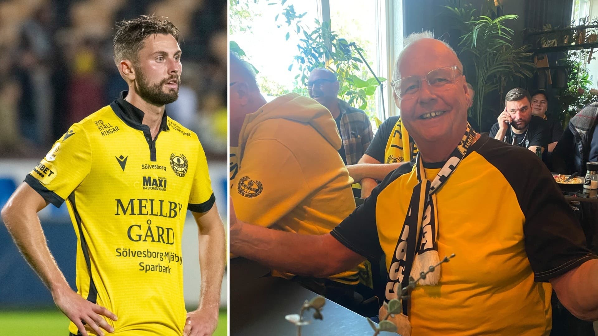 Två personer klädda i gula IF Elfsborg-tröjor, en på fotbollsplan och en vid ett bord inomhus. 