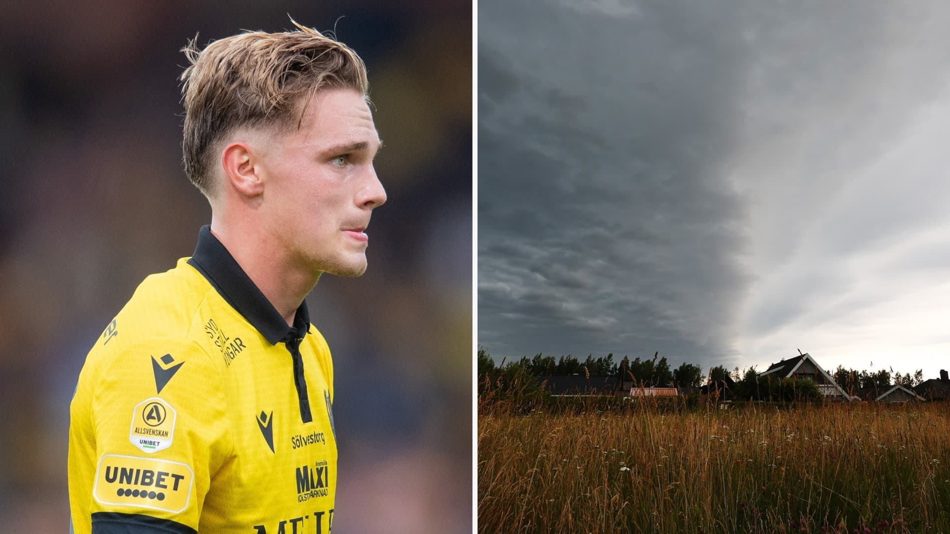Delad bild: till vänster en fotbollsspelare i gul tröja från Allsvenskan, till höger ett dramatiskt åskmoln som tornar upp sig över ett öppet landskap med gräs och träd.