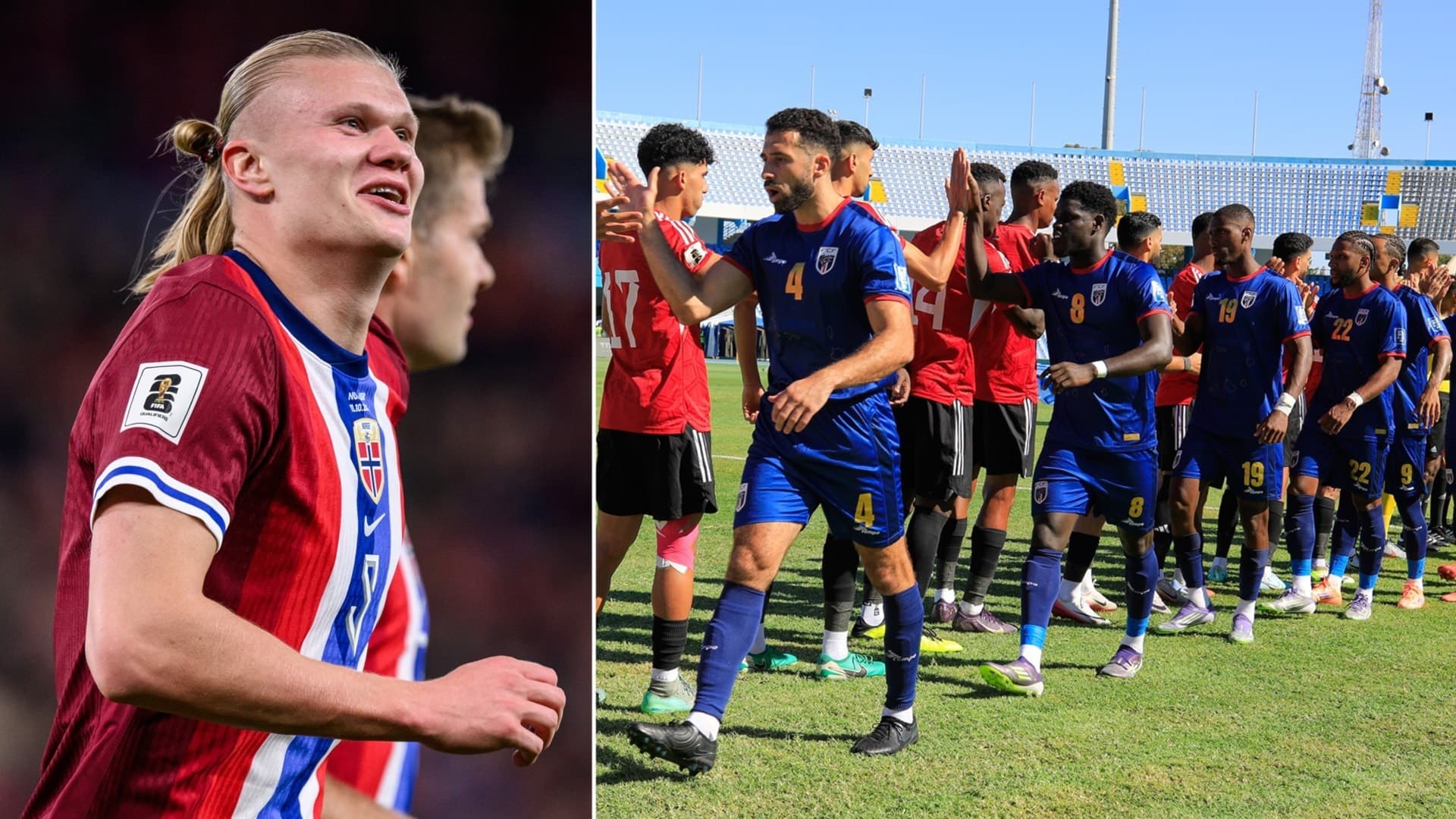 Spelare från olika landslag hälsar på varandra efter en match i VM-kvalet. En norsk spelare i röd tröja syns på vänster sida, och en rad spelare från andra lag står på gräsplanen.