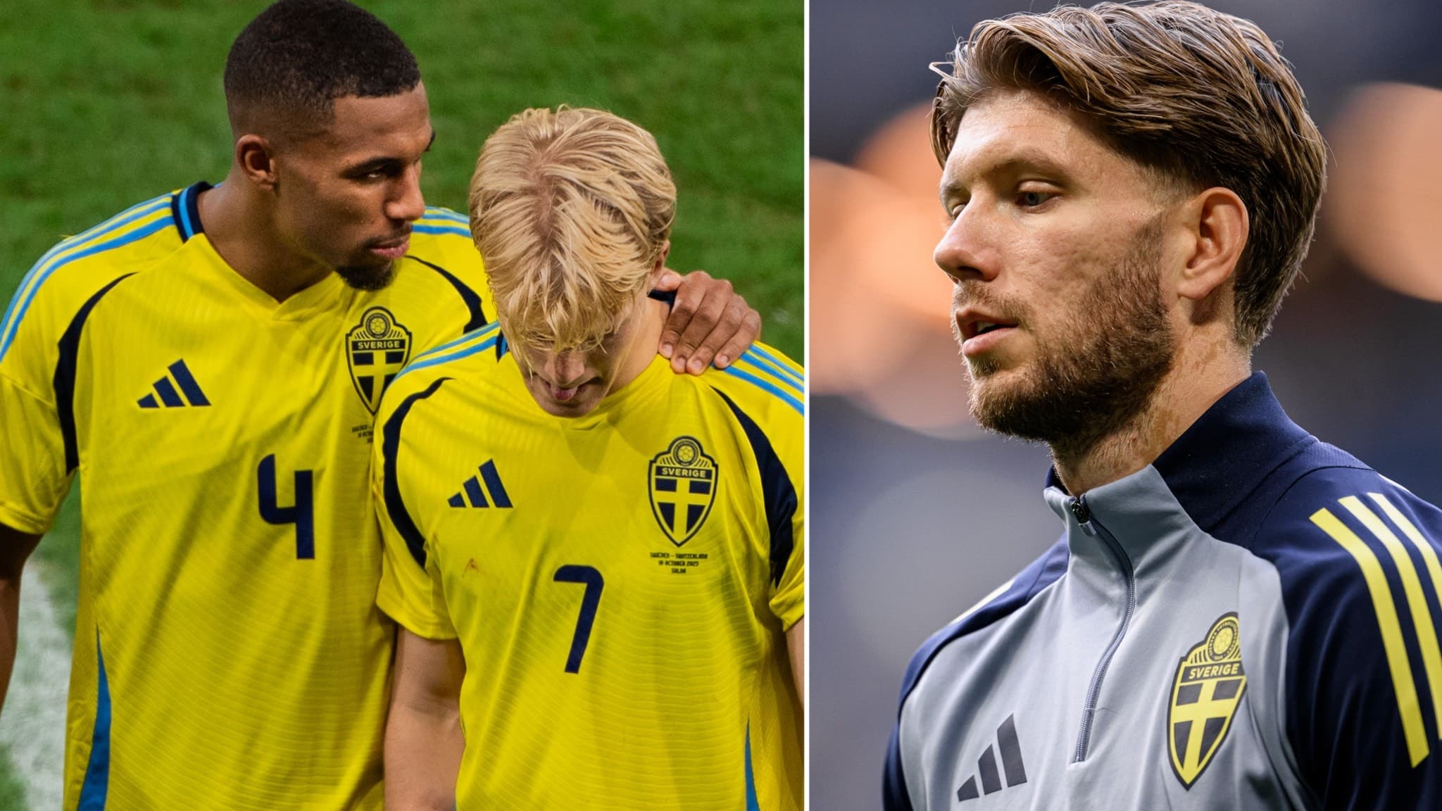 Isak Hien pratar med Lucas Bergvall och Anton Salétros blickar ner i svenska träningskläder.