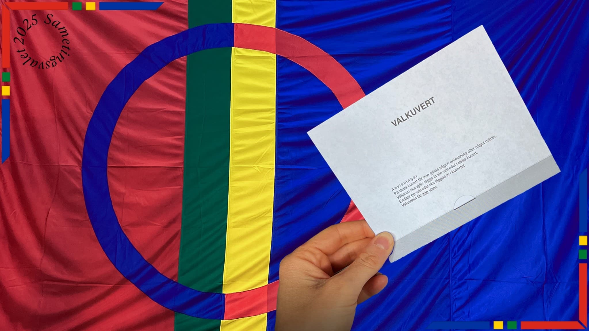 Bildmontage samisk flagg/hand med röstkort