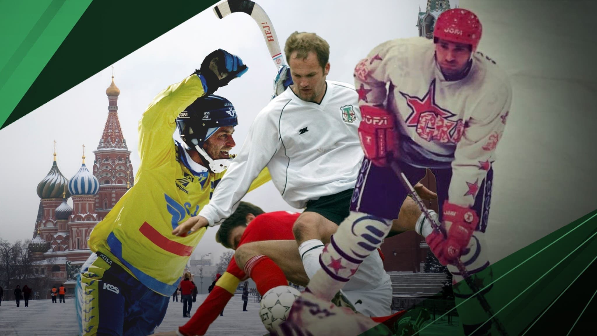 Bandyspelare, fotbollsspelare och hockeyspelare inklippta framför en bild på Kreml.