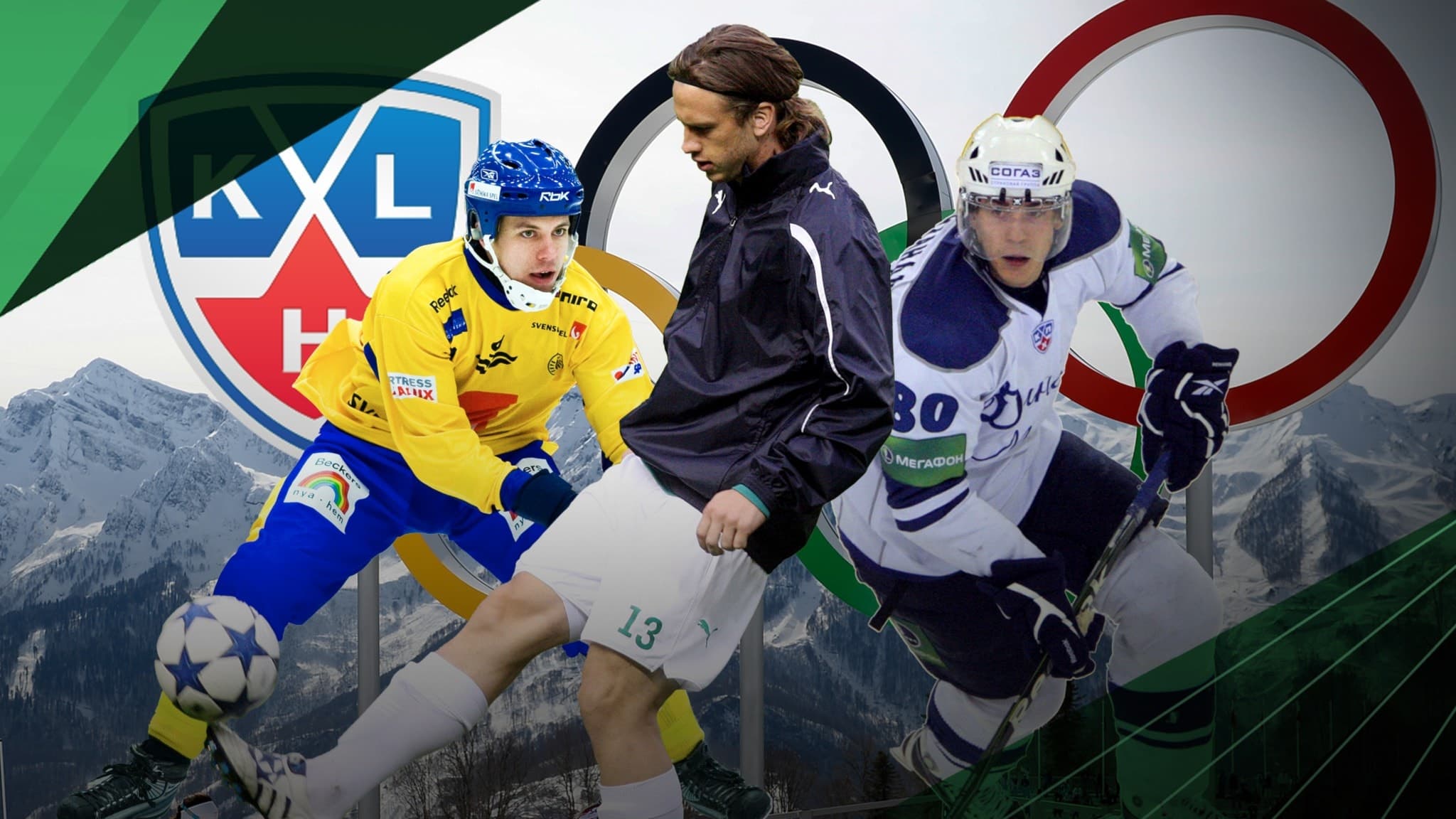 Montage av bilder med OS-ringar, bandyspelare, fotbollsspelare och hockeyspelare.