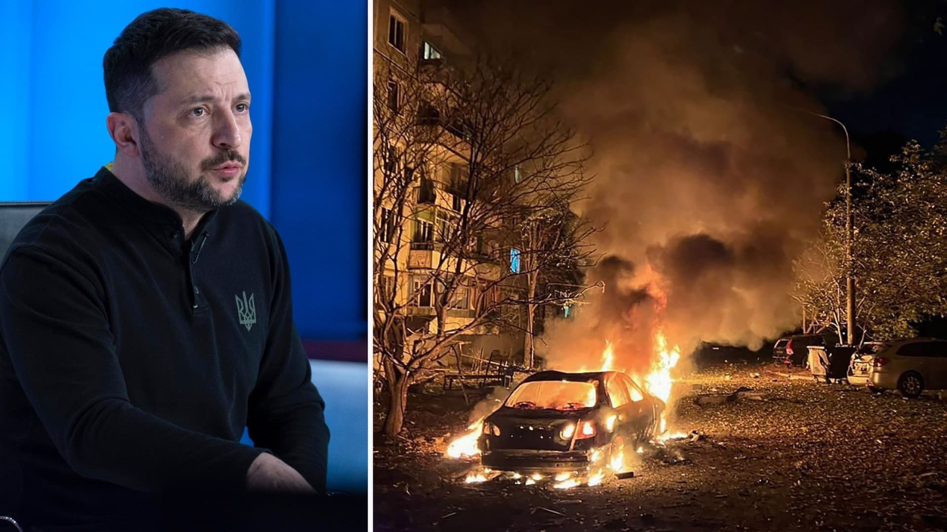 Till vänster syns Volodymyr Zelenskyj i mörk tröja under en intervju. Till höger en nattbild av ett brinnande fordon och skador på byggnader efter en explosion i Ukraina.