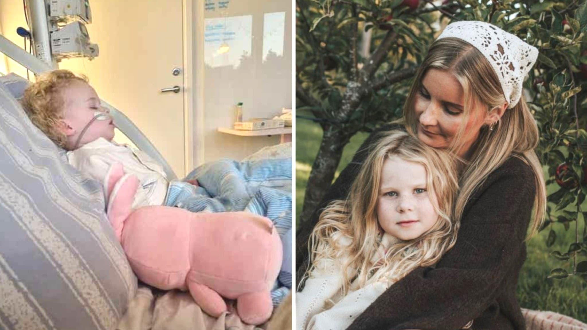 Bildmontage med Viola, först som liten på sjukhus omgiven av medicinsk utrustning och en rosa kanin, och två år senare i mamma Patricia Hjerpes famn, utomhus bland grönska.