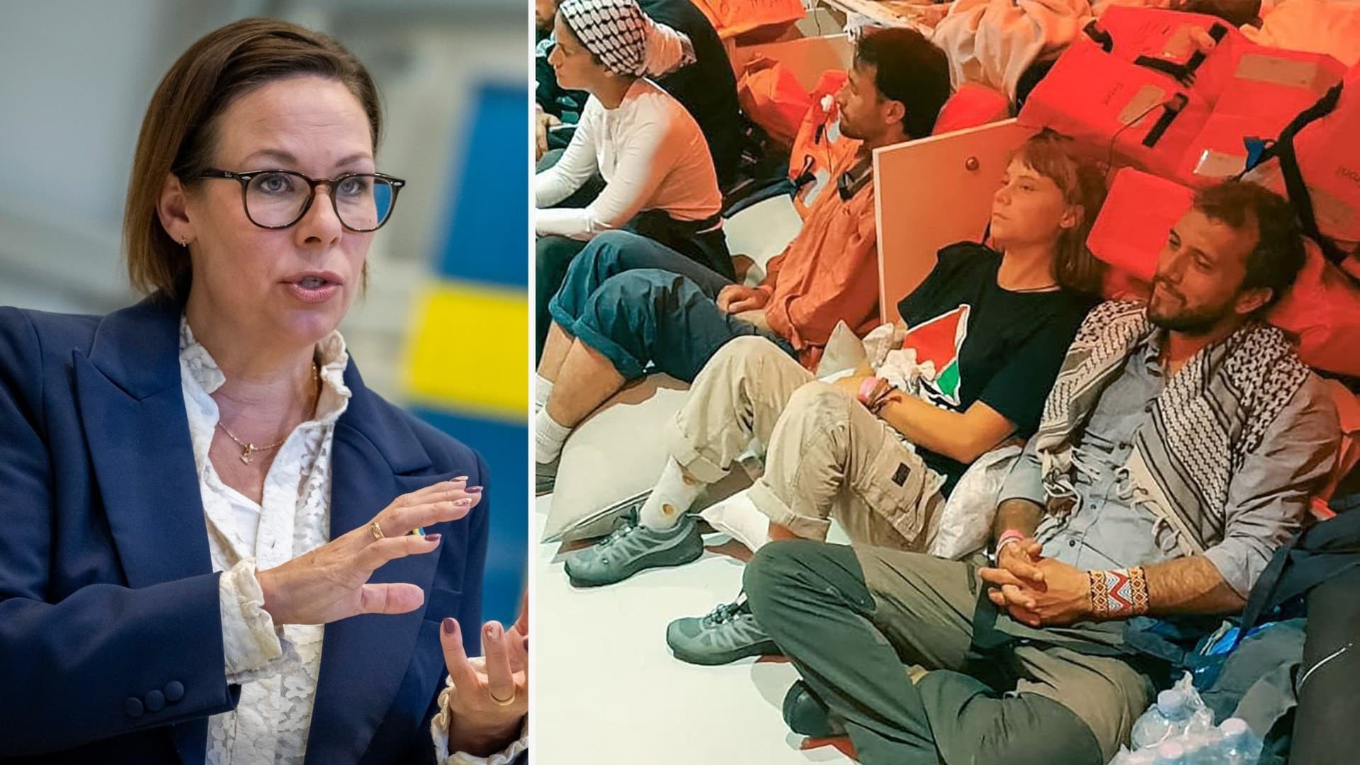 Till vänster: Maria Malmer Stenergard. Till höger: En grupp personer sittande på golvet med flytvästar i en trång miljö.
