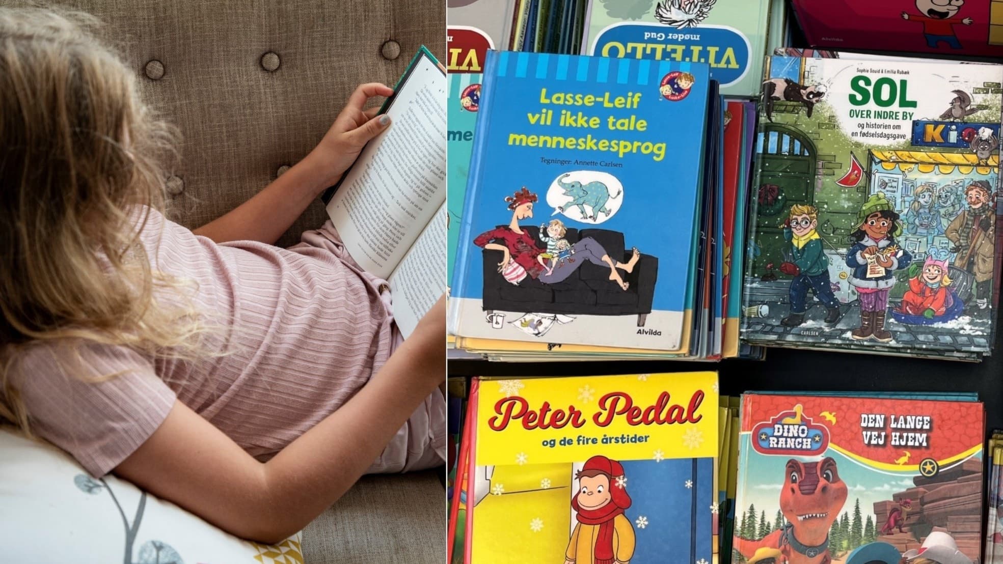 Ett barn läser en bok på en soffa, omgiven av danska barnböcker med färgglada omslag, vilket kan kopplas till debatten om bokmomsen i Danmark.