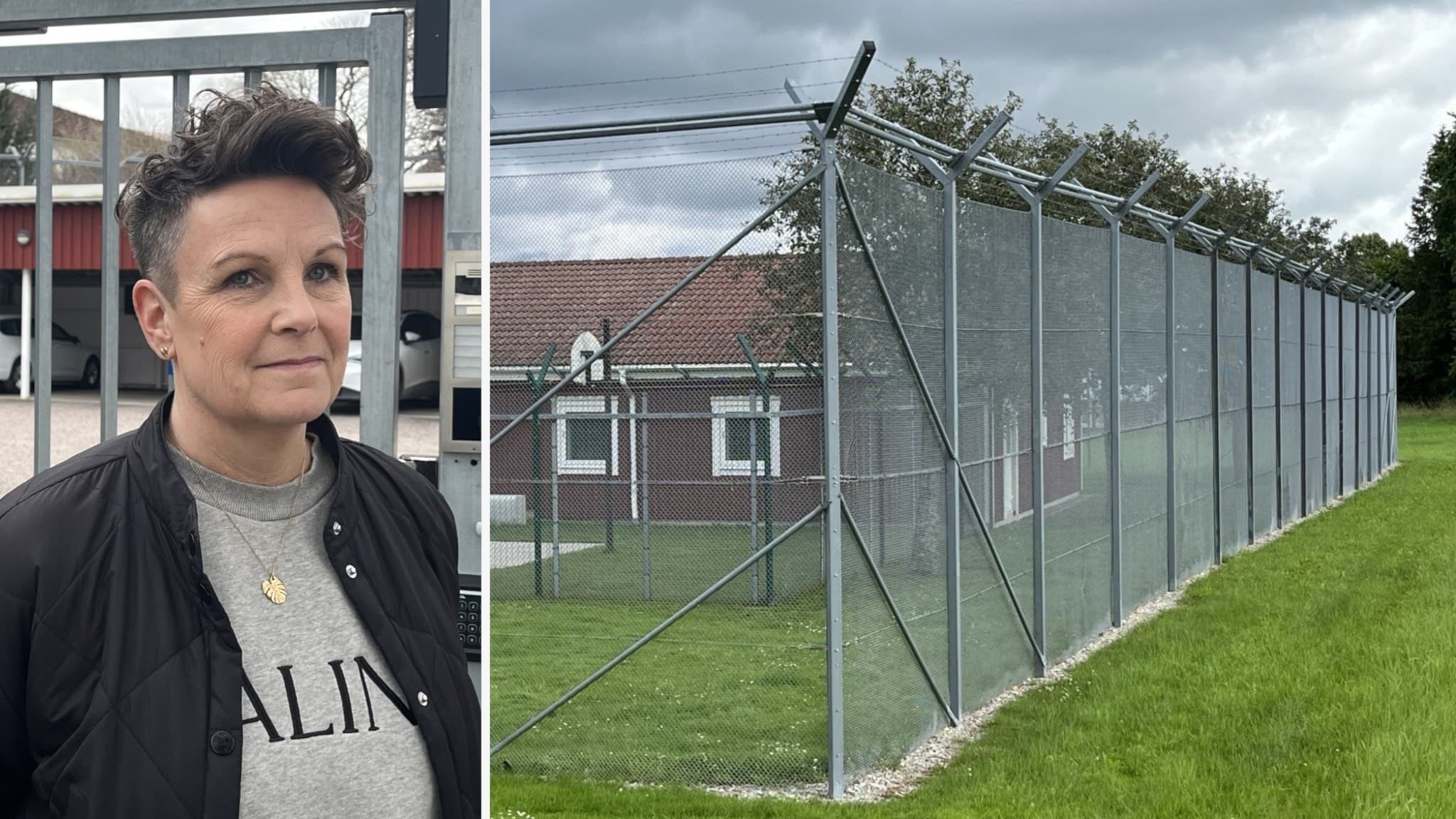 Ulrika Hermansson, institutionschef vid Gudhemsgården, står framför ett stängsel. Bilden visar även ett högt säkerhetsstängsel som omger byggnader på Gudhemsgården.