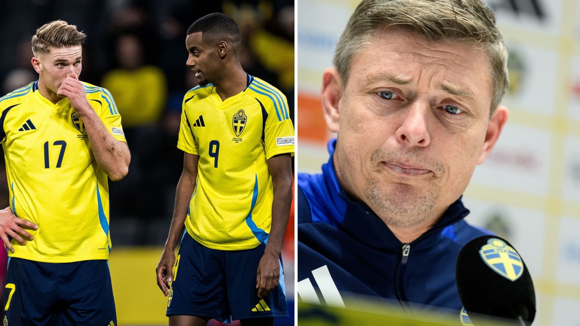 Två svenska fotbollsspelare i gula landslagströjor med nummer 17 och 7 står på planen under en match. Till höger syns en svensk landslagsrepresentant vid en presskonferens.