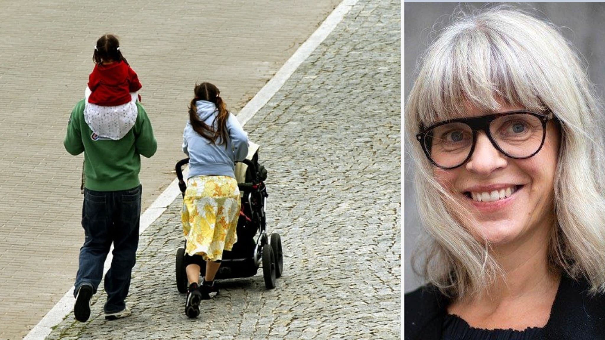 En barnfamilj promenerar på en stenlagd gångväg, med ett barn på axlarna och ett i barnvagn. Lina Blombergsson från socialförvaltningen i Stockholm kommenterar bostadsmarknadens utveckling.