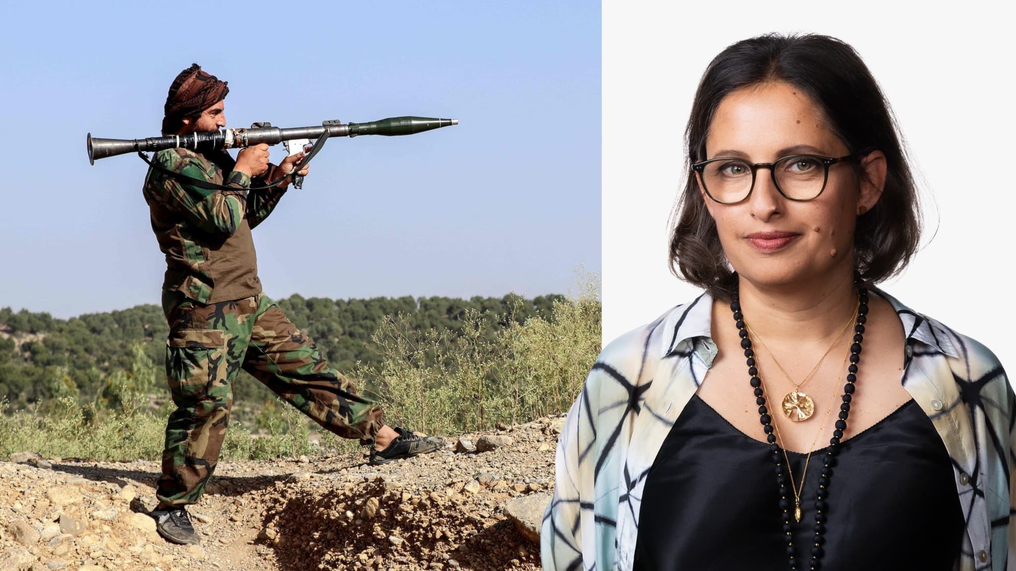 En talibansk soldat i militärkläder siktar med ett granatgevär i ett ökenlandskap.
