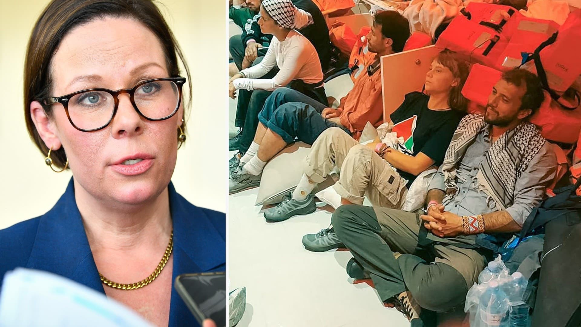 På bilden syns migrationsminister Maria Malmer Stenergard till vänster, och till höger en grupp migranter sittande på golvet med flytvästar i en trång miljö, vilket speglar migrationsfrågor.