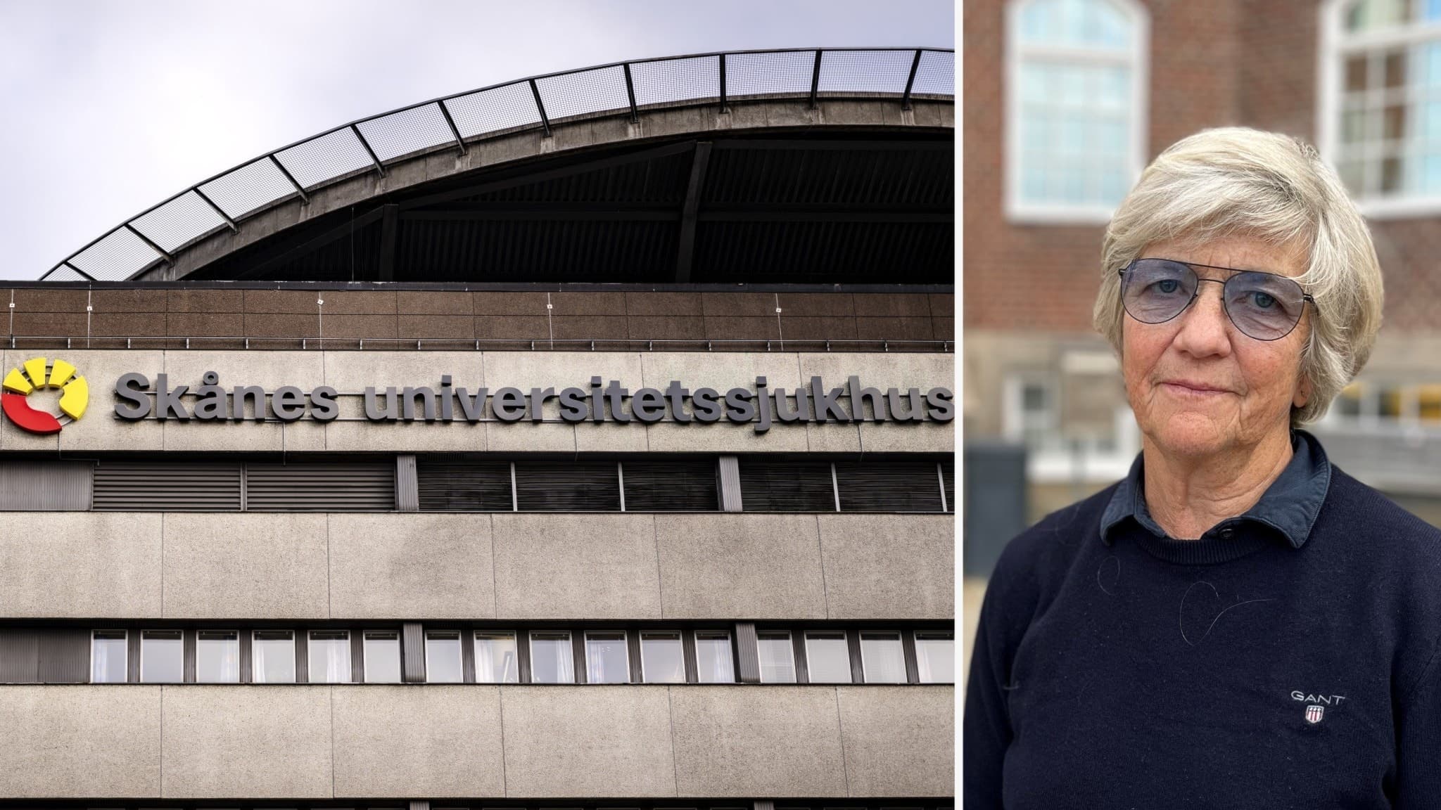 Skånes universitetssjukhus byggnad i Malmö med logotypen synlig på fasaden. Till höger står Katarina Hanséus i mörk tröja framför en byggnadsmiljö.