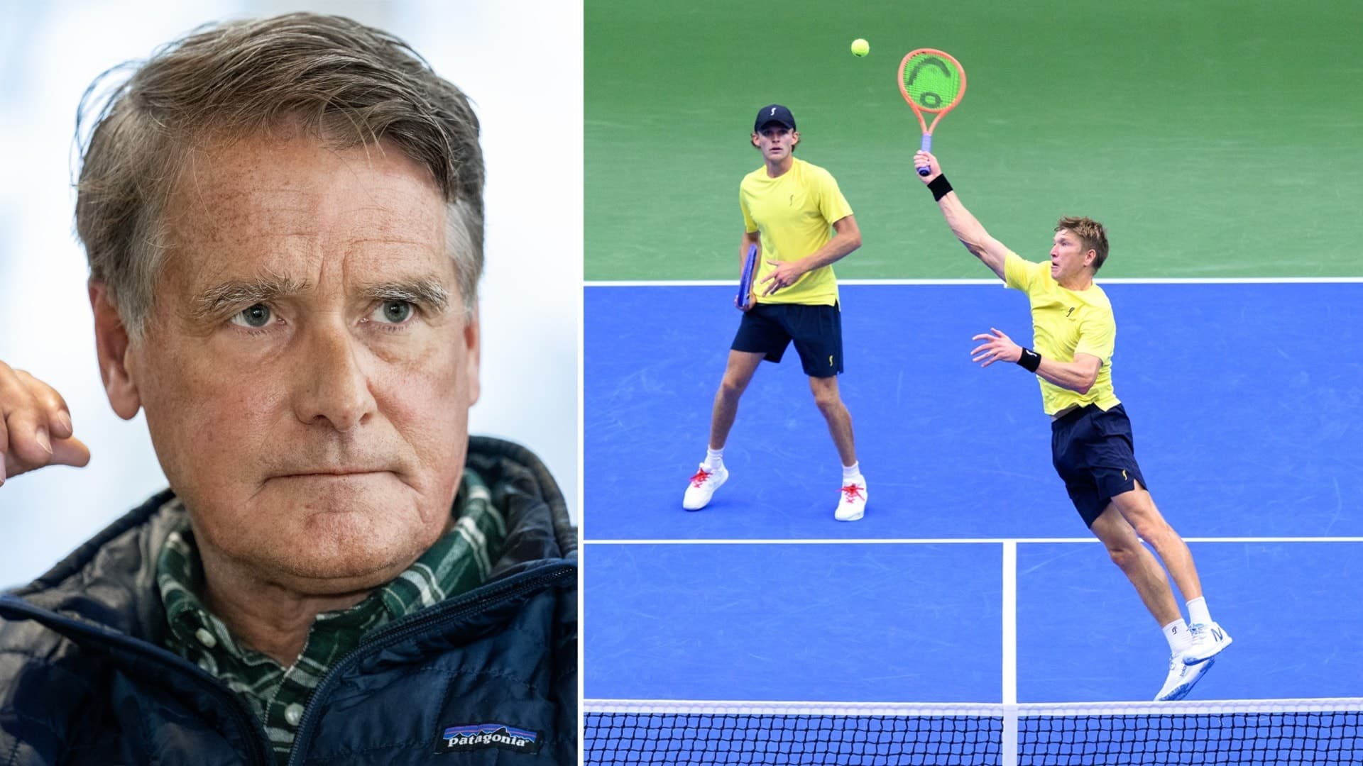 Två tennisspelare i gul tröja spelar dubbel på blå tennisbana. Den ena slår en serve medan den andra står redo vid baslinjen. Sportaktivitet på professionell nivå.