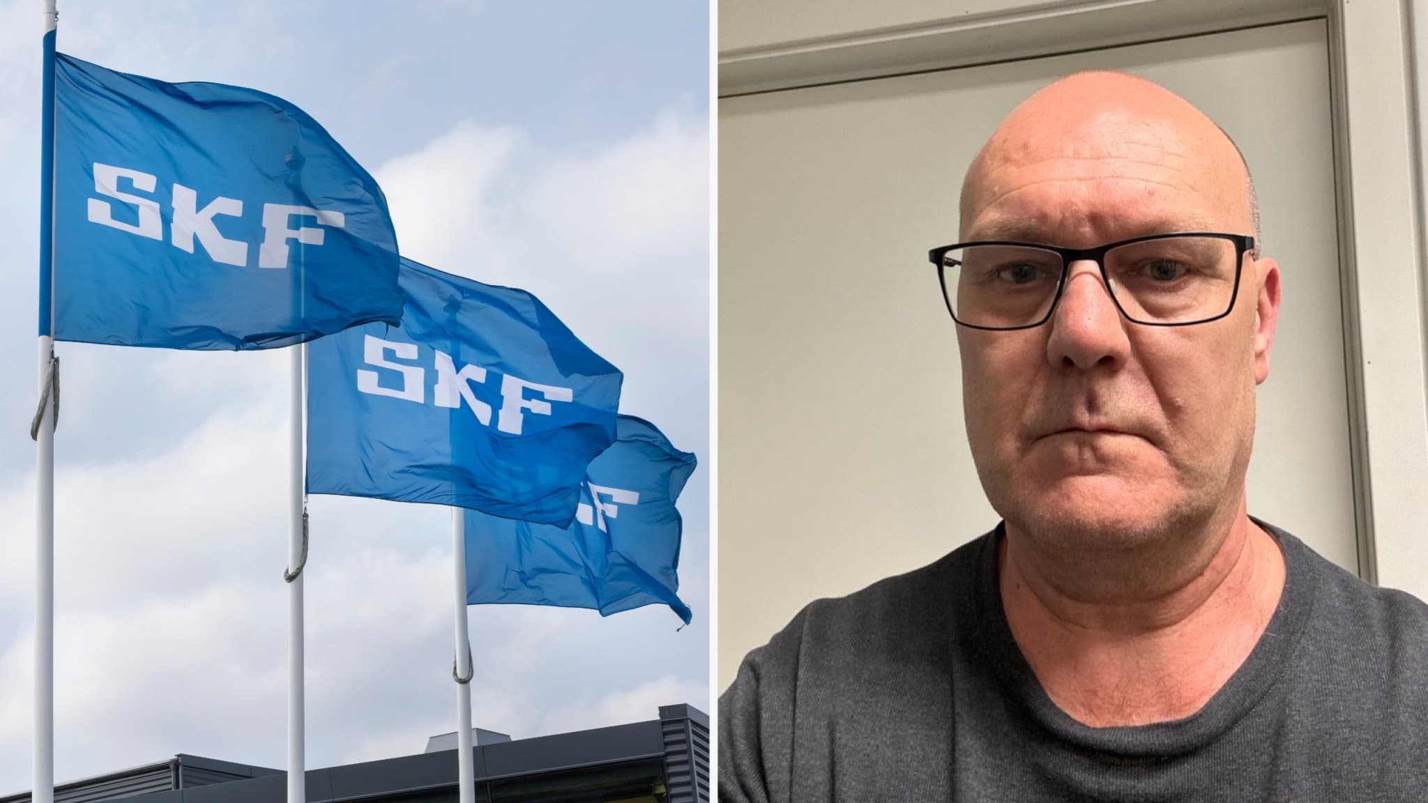 Tre blå SKF-flaggor vajar mot en molnig himmel bredvid en bild på Tony Karlsson, klubbordförande för IF Metall på SKF Mekan, med neutral bakgrund.