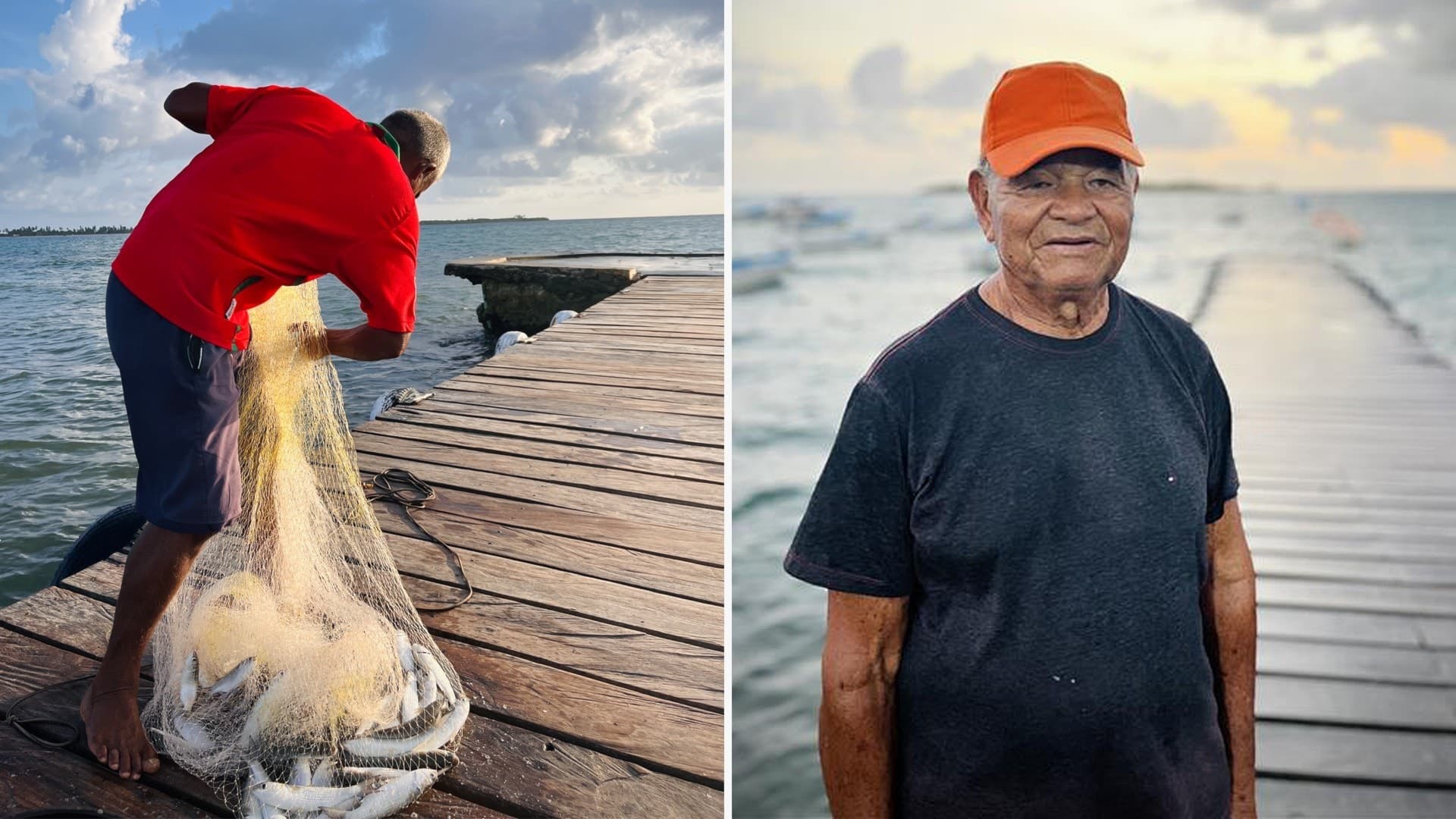 Till vänster: Man med fiskar. Till höger: Man med keps vid brygga.