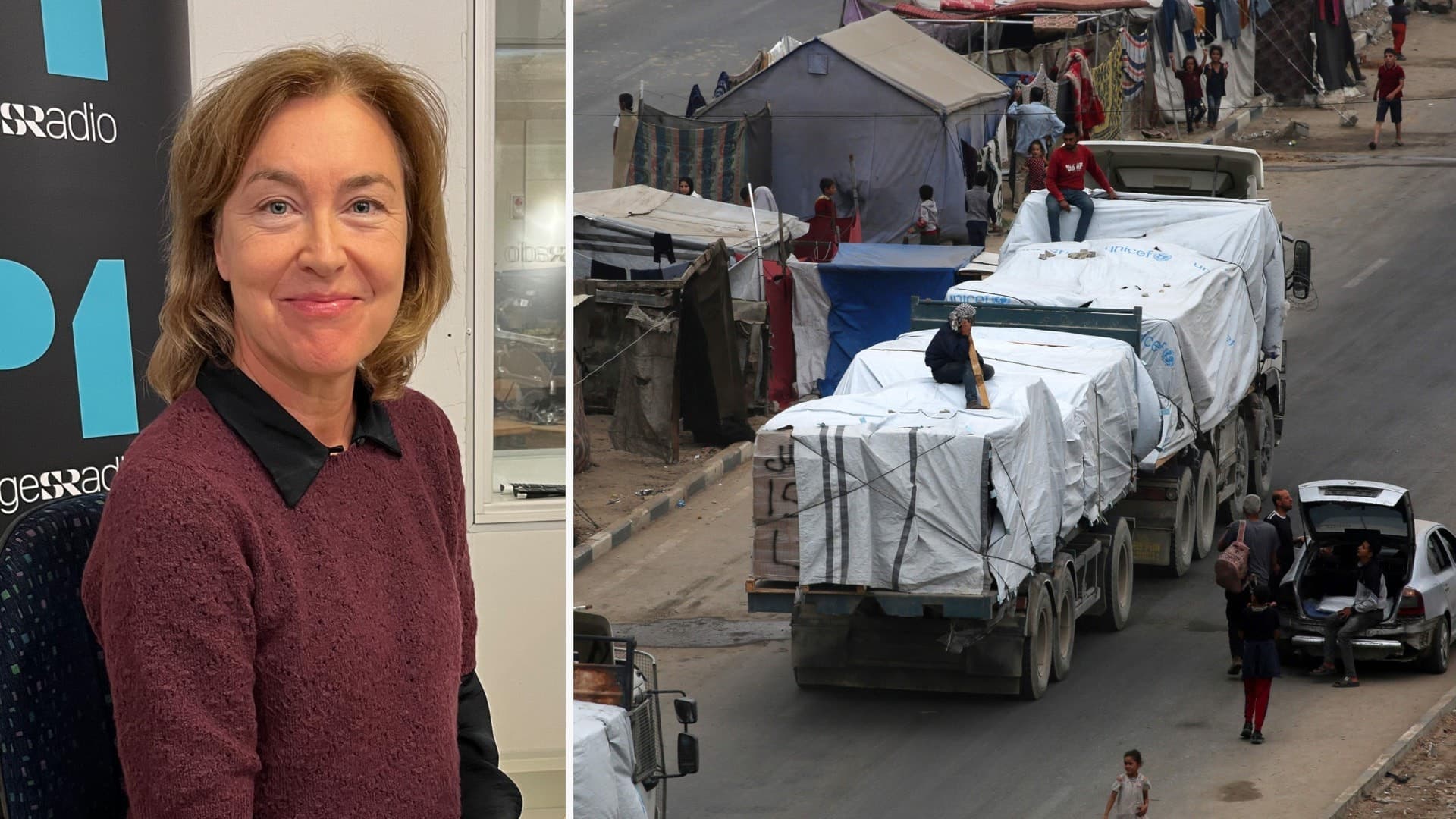 Till vänster: Pernilla Baralt. Till höger: Lastbilar med nödhjälp.