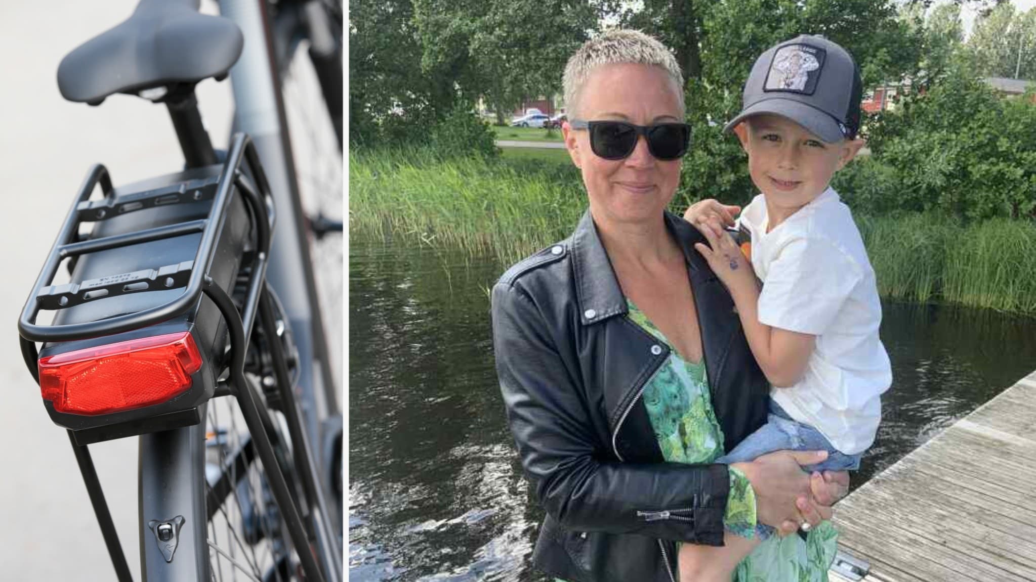 Cykel med pakethållare och baklampa till vänster, och till höger en kvinna i grön klänning och svart jacka som håller ett barn vid en sjö med träd i bakgrunden.