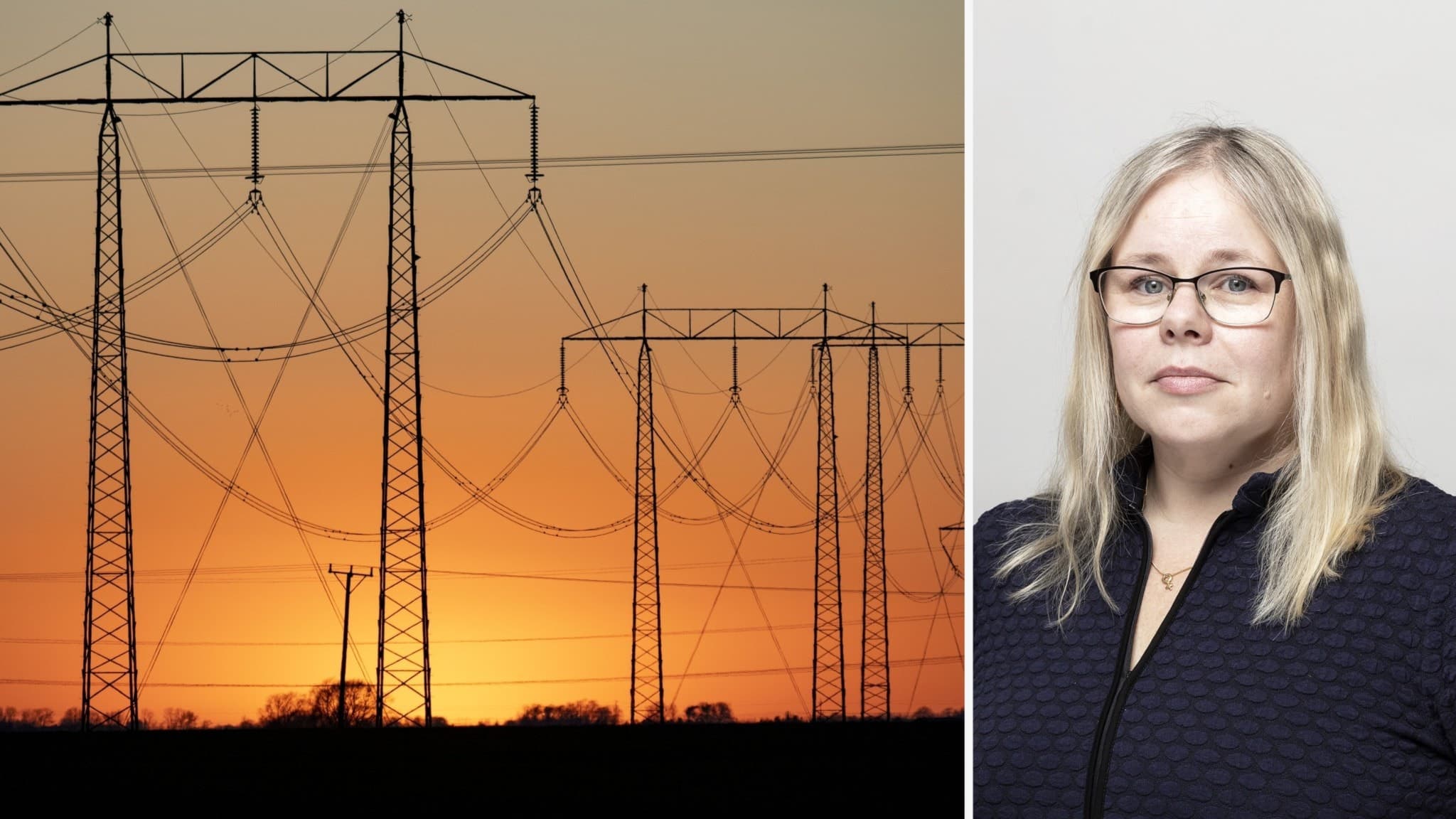 Till vänster syns kraftledningar mot en orange solnedgång. Till höger är Sarah Rönnberg, professor i elkraftteknik vid Luleå tekniska universitet, med långt blont hår och mörkblå klädsel.