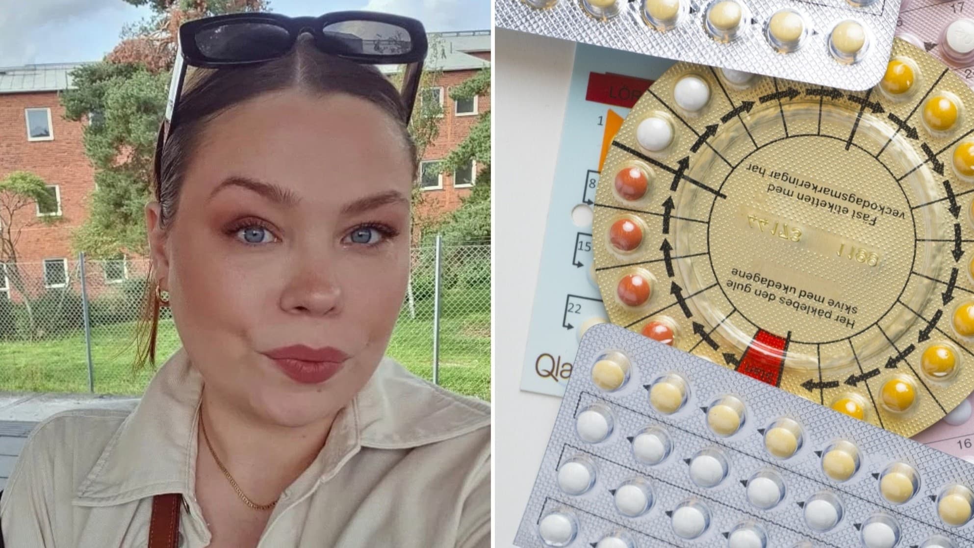 En bild med två delar: till vänster syns en person utomhus framför ett stängsel och tegelbyggnader, till höger olika typer av hormonella preventivmedel och en menstruationskalender.