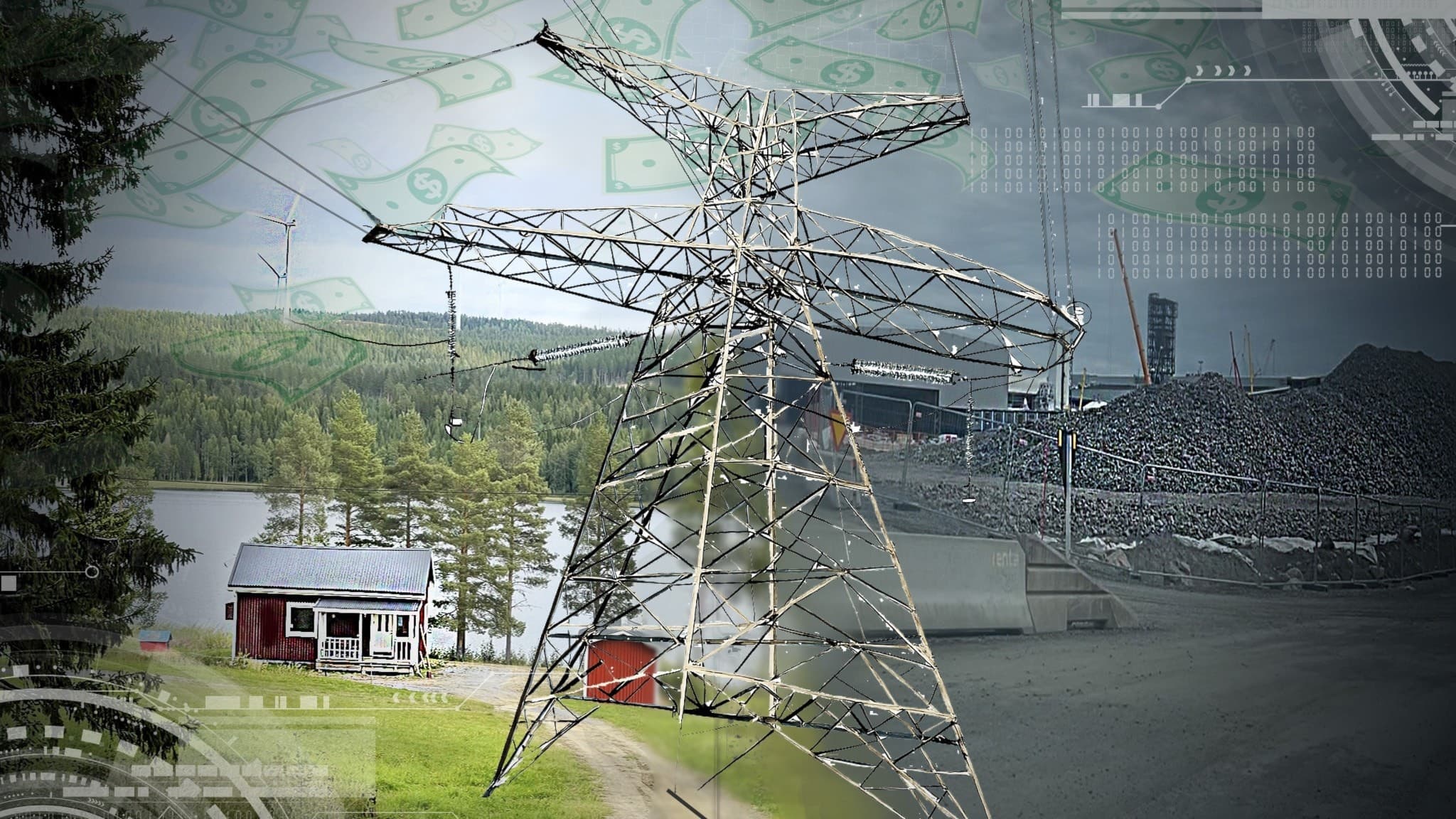 I mitten en kraftledning i norrländsk landsbygd. Till vänster en röd stuga vid sjö, omgiven av skog och kullar med vindkraftsnurror i bakgrunden. Till höger Stegras industribyggnad med stora högar grus i förgrunden. Överlagrade bilder av sedlar symboliserar kommunala investeringar, grön industri och ekonomisk risk i Norrbotten och Västerbotten.