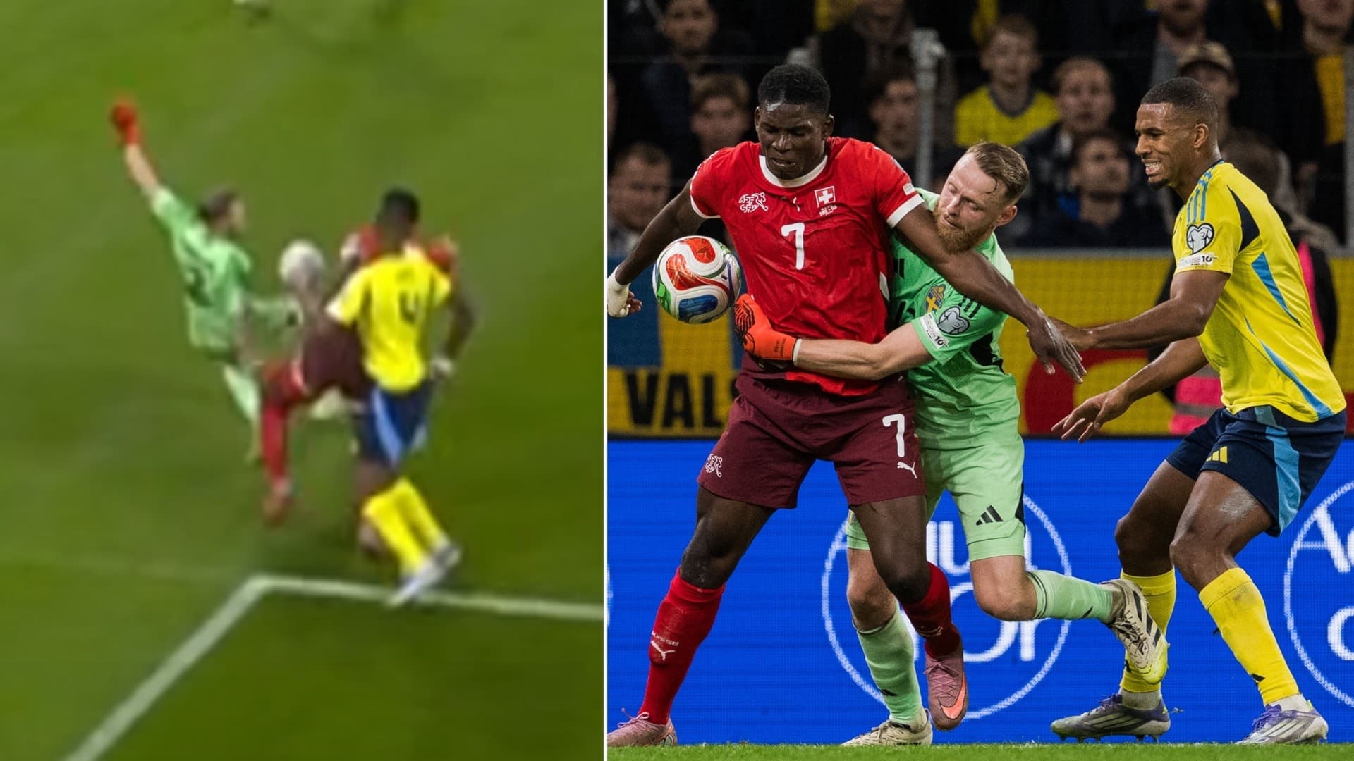 Två fotbollssituationer där spelare från Sverige och motståndarlaget kämpar om bollen. Intensivt närkontaktspel med fokus på försvar och anfall under en internationell match.