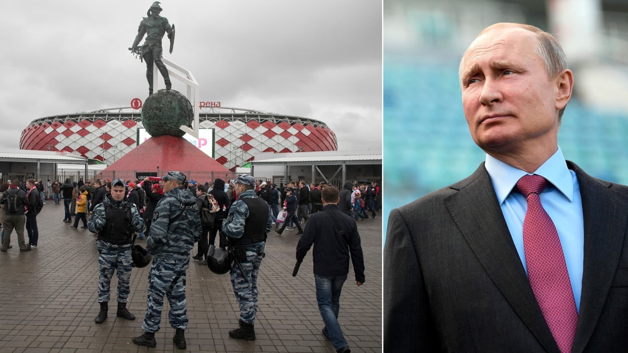 Fotbollsarena i Moskva och Rysslands president Vladimir Putin