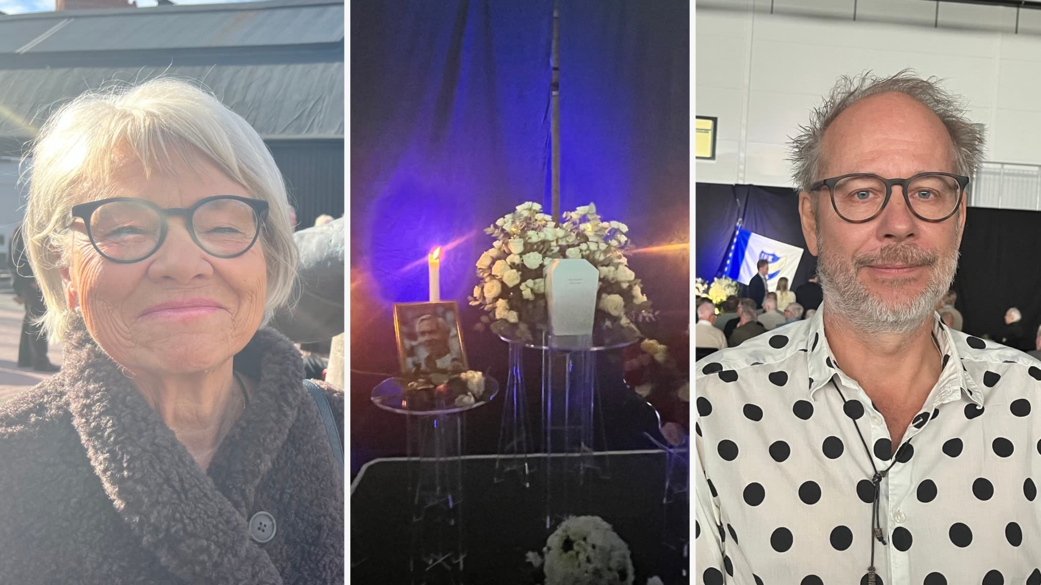 Montage med Britt Hallgren till vänster, ett minnesbord för Ove Kindvall med ljus och blommor i mitten, och Niclas Kindvall till höger. Bilden visar en hyllning till Ove Kindvall.