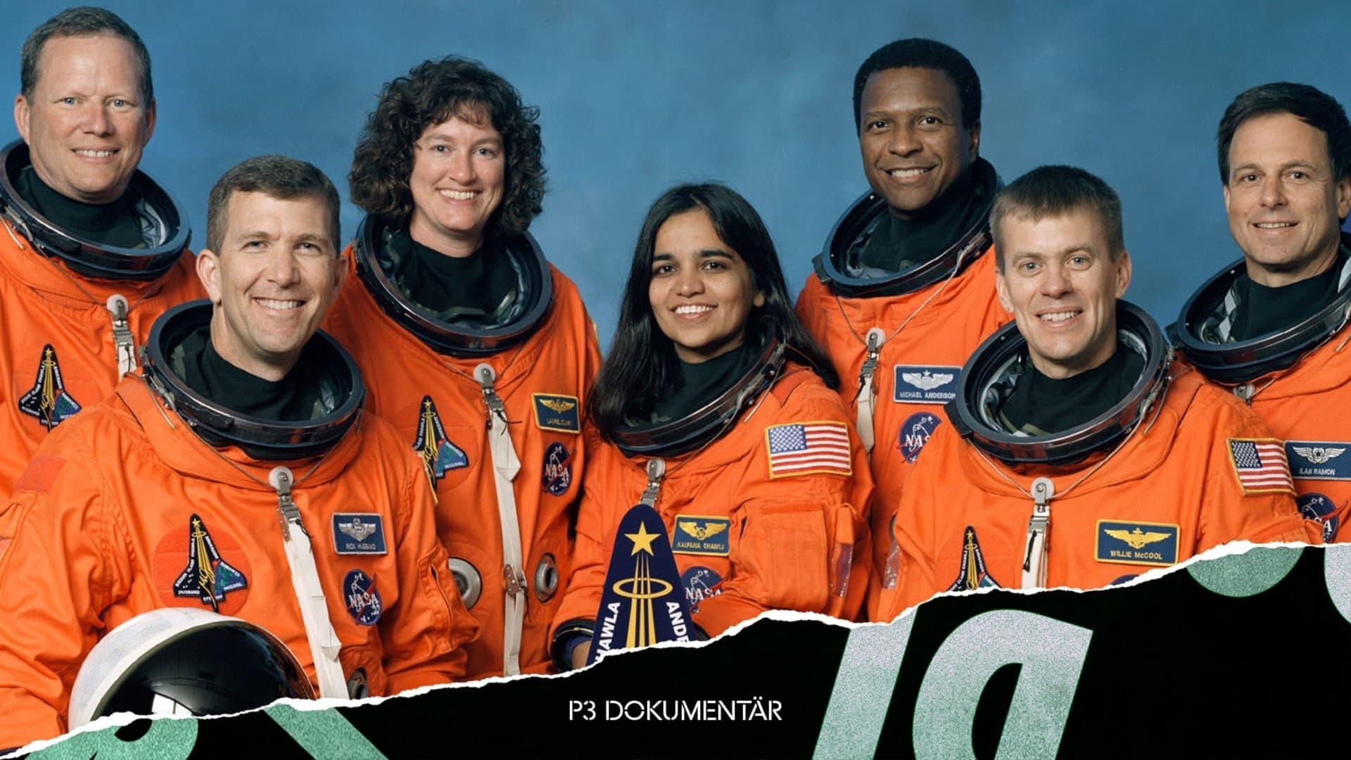 Rymdfärjan Columbias besättning, från vänster nedre raden, Rick Husband, Kalpana Chawla, William McCool, övre raden David Brown, Laurel Clark, Michael Anderson och Ilan Ramon.