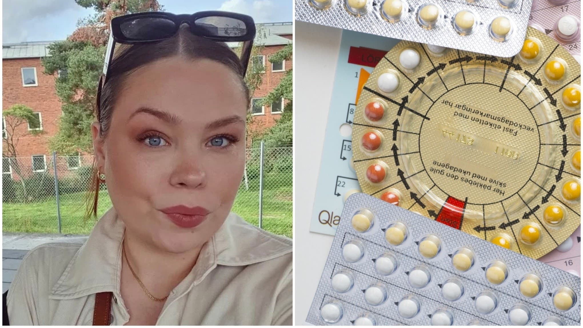 En bild med två delar: till vänster syns en person utomhus framför ett stängsel och tegelbyggnader, till höger olika typer av hormonella preventivmedel och en menstruationskalender.