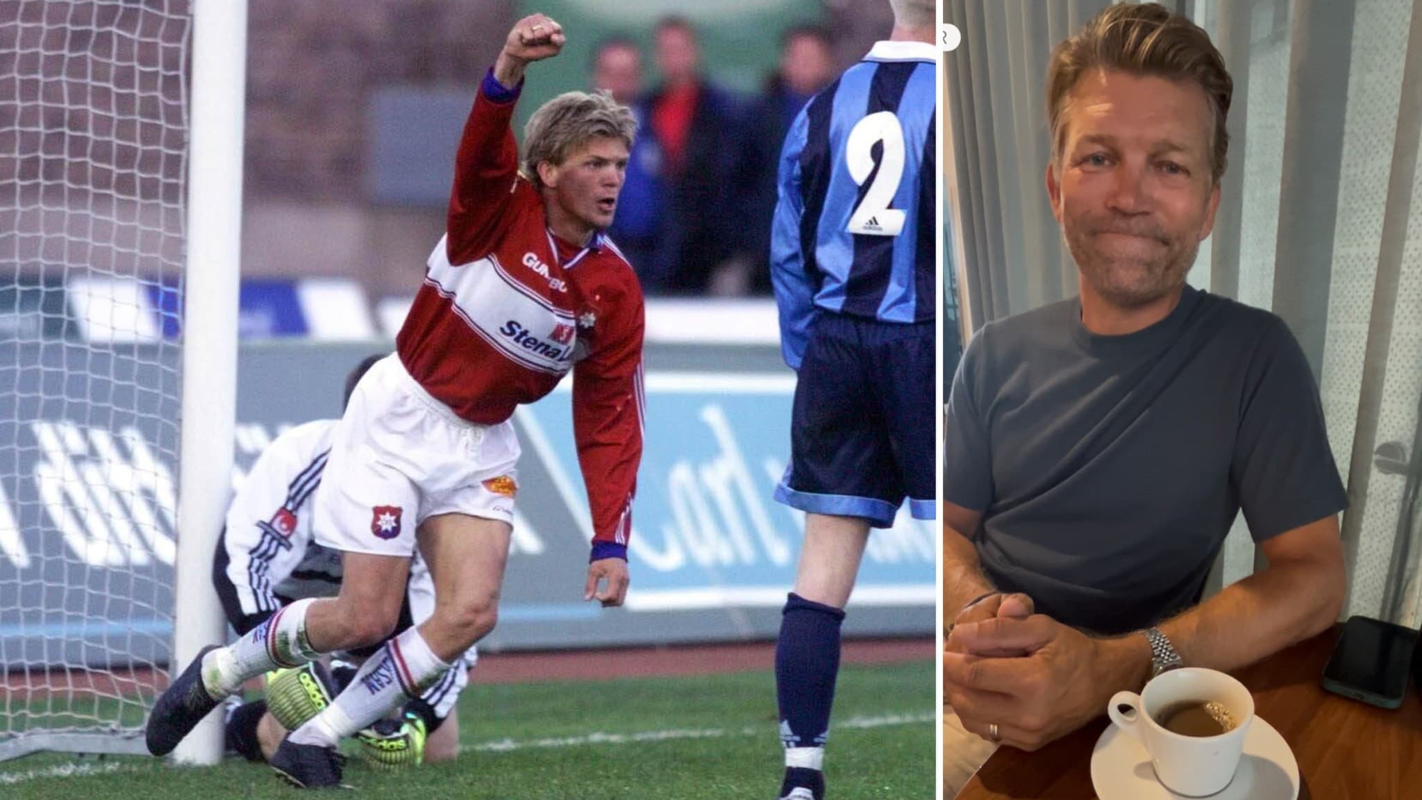 Marcus Allbäck 1999 samt i nutid, 2025.