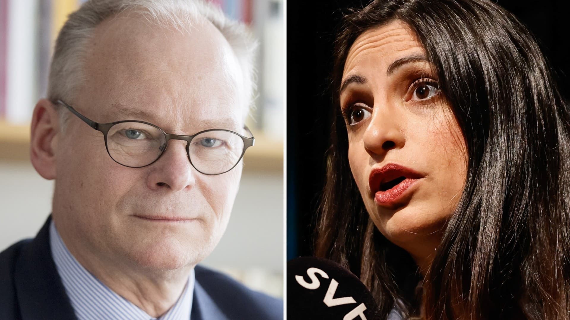 Nooshi Dadgostar i en bild med suddig bakgrund, hennes ansikte delvis synligt. Hon bär en mörk outfit och står framför en mikrofon med SVT-logotypen.