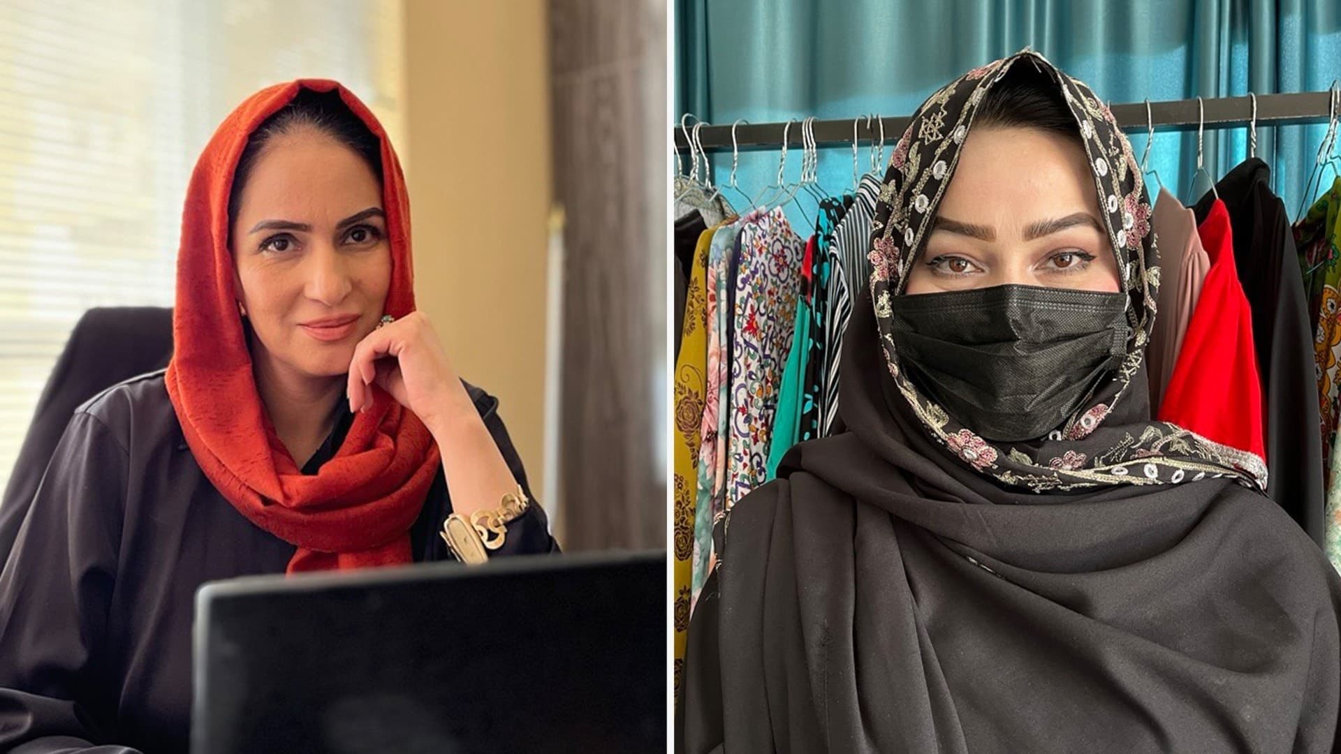En splitbild visar två afghanska kvinnor. Den ena sitter vid en dator med en röd sjal, den andra står framför färgglada kläder med en svart sjal.